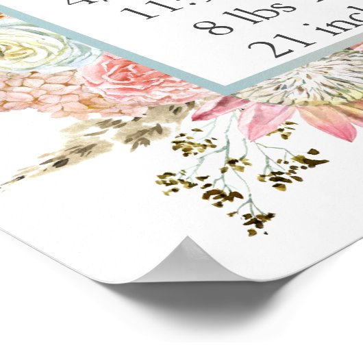 Pink White Floral Baby Birth Stats Personated Poster (Hoek)