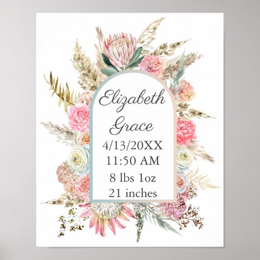 Pink White Floral Baby Birth Stats Personated Poster (Voorkant)