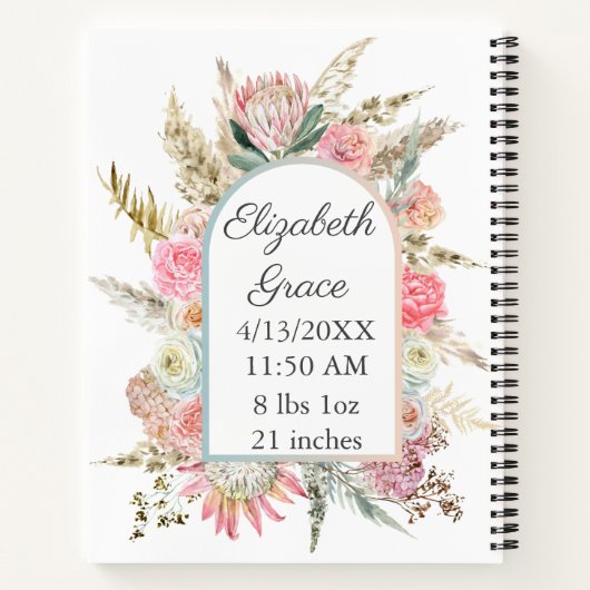Pink White Floral Birth Stats Personated Baby Notitieboek (Achterkant)