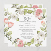 Pink White Floral Botanical 90th Birthday Party Kaart (Voorkant / Achterkant)