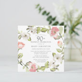 Pink White Floral Botanical 90th Birthday Party Kaart (Staand voorkant)