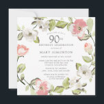 Pink White Floral Botanical 90th Birthday Party Kaart<br><div class="desc">Eer een speciale vrouw met deze elegante 90th Birthday party uitnodiging. Roze en witte bloemen die in zachte,  groene bladeren zijn gesmolten,  vormen een modern botanisch lijst. Alle tekst kan worden bewerkt,  dus je kunt je speciale viering perfect beschrijven</div>