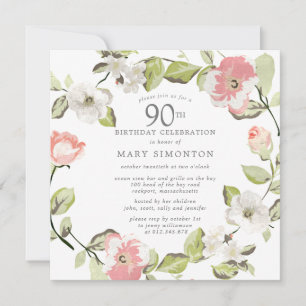 Pink White Floral Botanical 90th Birthday Party Kaart