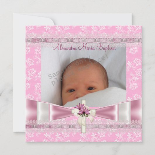 Pink White Floral Foto Cross Baptisme Christening Kaart (Voorkant)