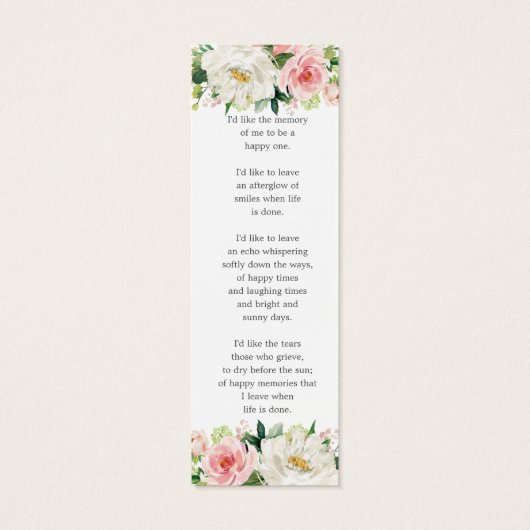 Pink White Floral Foto Funeral Memorial Bladwijzer Mini Visitekaartjes (Achterkant)