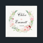 Pink White Floral Heart Romantic Wedding Napkins Servet<br><div class="desc">De mooie roze en witte florale lijsten de bruid en groomnamen, die in een formeel manuscript worden geschreven. Een klein roze hart scheidt de namen en voltooit het ontwerp. De trouwdatum is ook inbegrepen. Een zeer geavanceerde keuze voor een lente- of zomerbruiloft. Dit product maakt deel uit van het Rustic...</div>