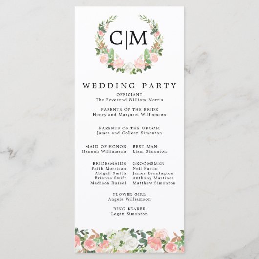 Pink White Floral Monogram Wreath Wedding Programm Programmakaart (Achterkant)