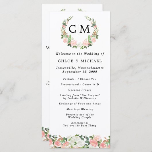 Pink White Floral Monogram Wreath Wedding Programm Programmakaart (Voorkant / Achterkant)
