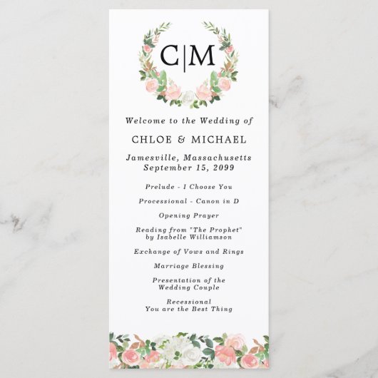 Pink White Floral Monogram Wreath Wedding Programm Programmakaart (Voorkant)