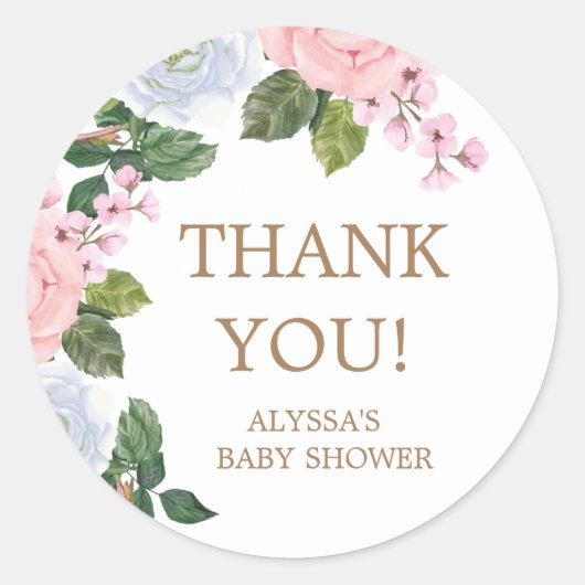 Pink White Floral Rozen Baby shower Hartelijk dank Ronde Sticker (Voorkant)