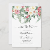 Pink White Floral Rozen Greenery Save the Date Kaart (Voorkant)