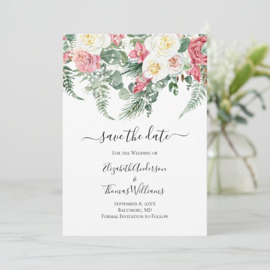 Pink White Floral Rozen Greenery Save the Date Kaart (Staand voorkant)