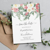 Pink White Floral Rozen Greenery Save the Date Kaart