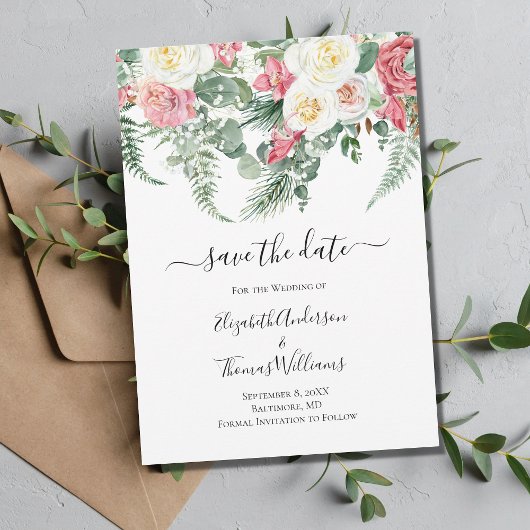 Pink White Floral Rozen Greenery Save the Date Kaart