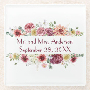 Pink White Floral Specialized Names Wedding Date Glazen Onderzetter