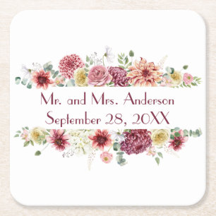 Pink White Floral Specialized Names Wedding Date Kartonnen Onderzetters