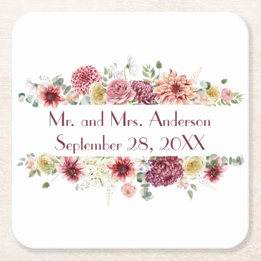 Pink White Floral Specialized Names Wedding Date Kartonnen Onderzetters (Voorkant)