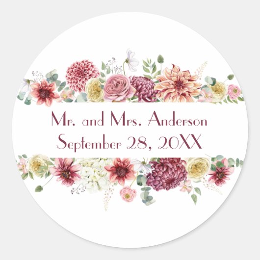 Pink White Floral Specialized Names Wedding Date Ronde Sticker (Voorkant)