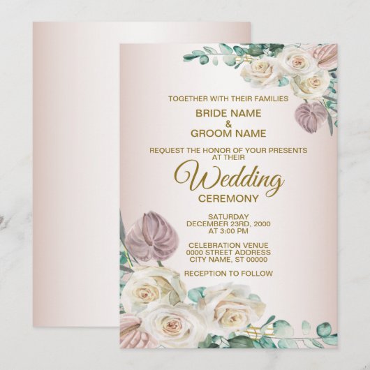Pink White Floral Watercolor Greenery Wedding Kaart (Voorkant / Achterkant)