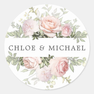 Pink White Floral Wedding Envelope Seal Ronde Sticker