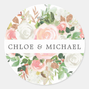 Pink White Floral Wedding Envelope Seal Ronde Sticker