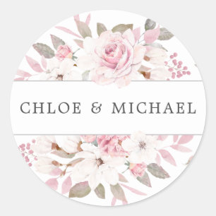 Pink White Floral Wedding Envelope Seal Ronde Sticker