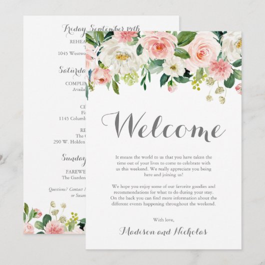 Pink White Flower Wedding Hotel Welkom Kaarten (Voorkant / Achterkant)