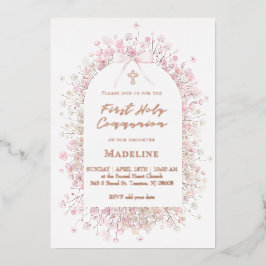 pink white flowers First Communion Folie Uitnodiging