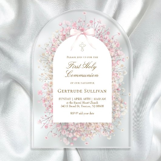 pink white flowers First Holy Communion Acryl Uitnodigingen
