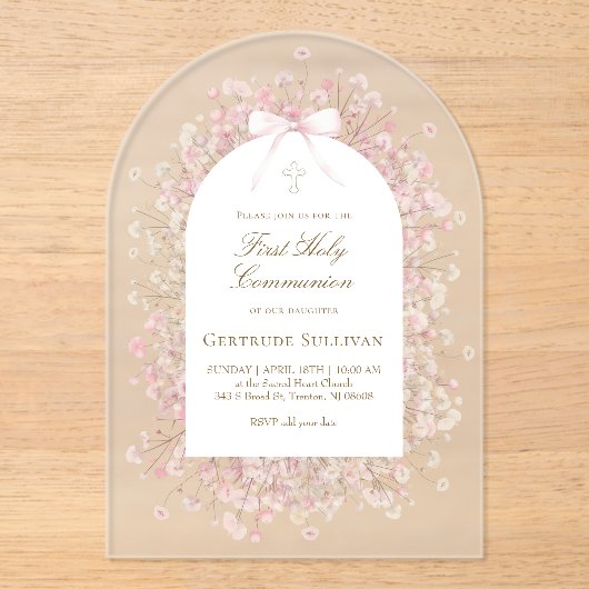 pink white flowers First Holy Communion Acryl Uitnodigingen (Voorkant)