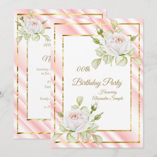 Pink White Flowers Gold Birthday Party Kaart (Voorkant / Achterkant)