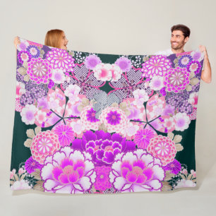 PINK WHITE FLOWERS Peony, Rozen Japanse Floral Fleece Deken
