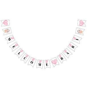 Pink White Girl Baby shower Penguin Bunting Flags Vlaggetjes