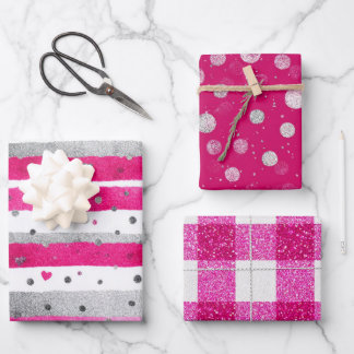 Pink White Glitter Heart Checkered  Inpakpapier Vel