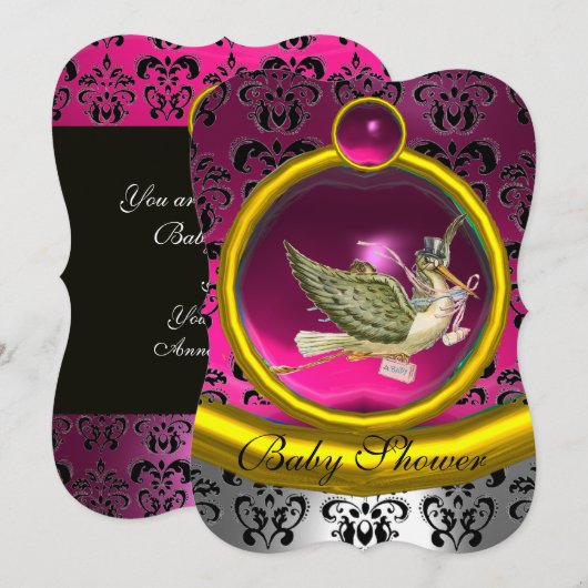 PINK WHITE GOLD DAMASK STORK BABY SHOWER MONOGRAM KAART (Voorkant / Achterkant)