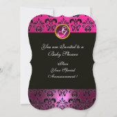 PINK WHITE GOLD DAMASK STORK BABY SHOWER MONOGRAM KAART (Achterkant)