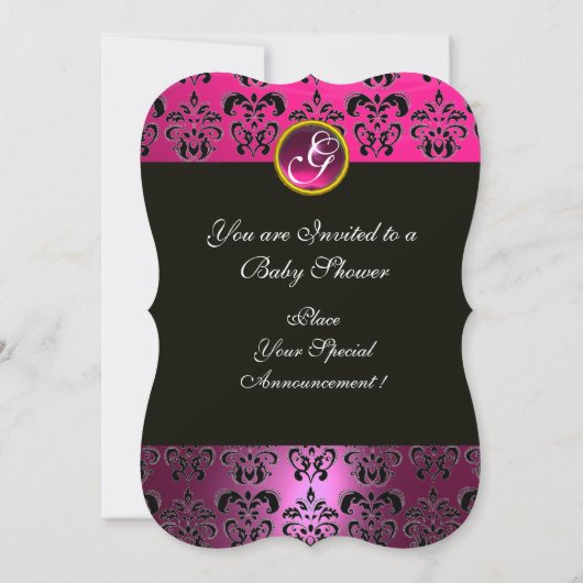 PINK WHITE GOLD DAMASK STORK BABY SHOWER MONOGRAM KAART (Achterkant)