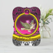 PINK WHITE GOLD DAMASK STORK BABY SHOWER MONOGRAM KAART (Staand voorkant)