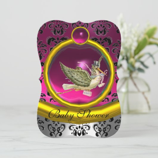 PINK WHITE GOLD DAMASK STORK BABY SHOWER MONOGRAM KAART (Staand voorkant)