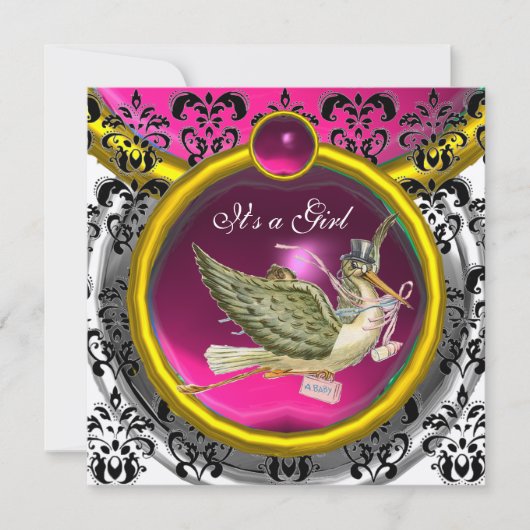 PINK WHITE GOLD DAMASK STORK BABY SHOWER MONOGRAM KAART (Voorkant)