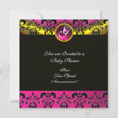PINK WHITE GOLD DAMASK STORK BABY SHOWER MONOGRAM KAART (Achterkant)