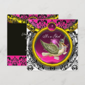 PINK WHITE GOLD DAMASK STORK BABY SHOWER MONOGRAM KAART (Voorkant / Achterkant)