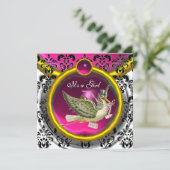 PINK WHITE GOLD DAMASK STORK BABY SHOWER MONOGRAM KAART (Staand voorkant)