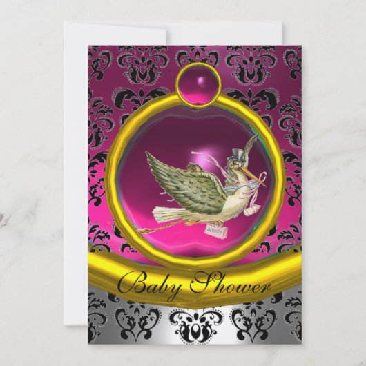 PINK WHITE GOLD DAMASK STORK BABY SHOWER MONOGRAM KAART (Voorkant)