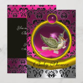 PINK WHITE GOLD DAMASK STORK BABY SHOWER MONOGRAM KAART (Voorkant / Achterkant)