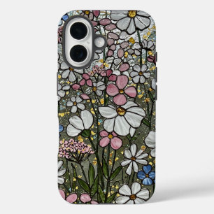Pink White Gold Wildflowers Glas in lood Effect iPhone 16 Hoesje