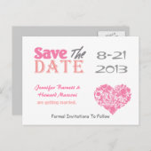 Pink & White Heart Save The Date Post Kaart (Voorkant / Achterkant)