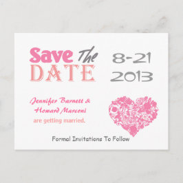 Pink & White Heart Save The Date Post Kaart