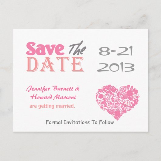 Pink & White Heart Save The Date Post Kaart (Voorkant)