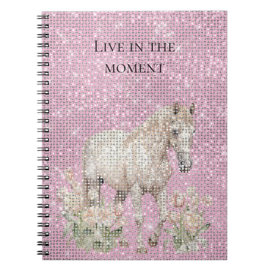 Pink White Horse Floral Sparkle  Notitieboek (Voorkant)